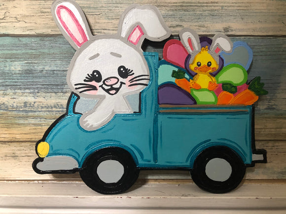 Painted - Bunny in Truck with Eggs & Chick in back