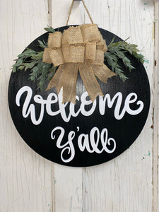Painted - Welcome Y’all Round with bow and greenery